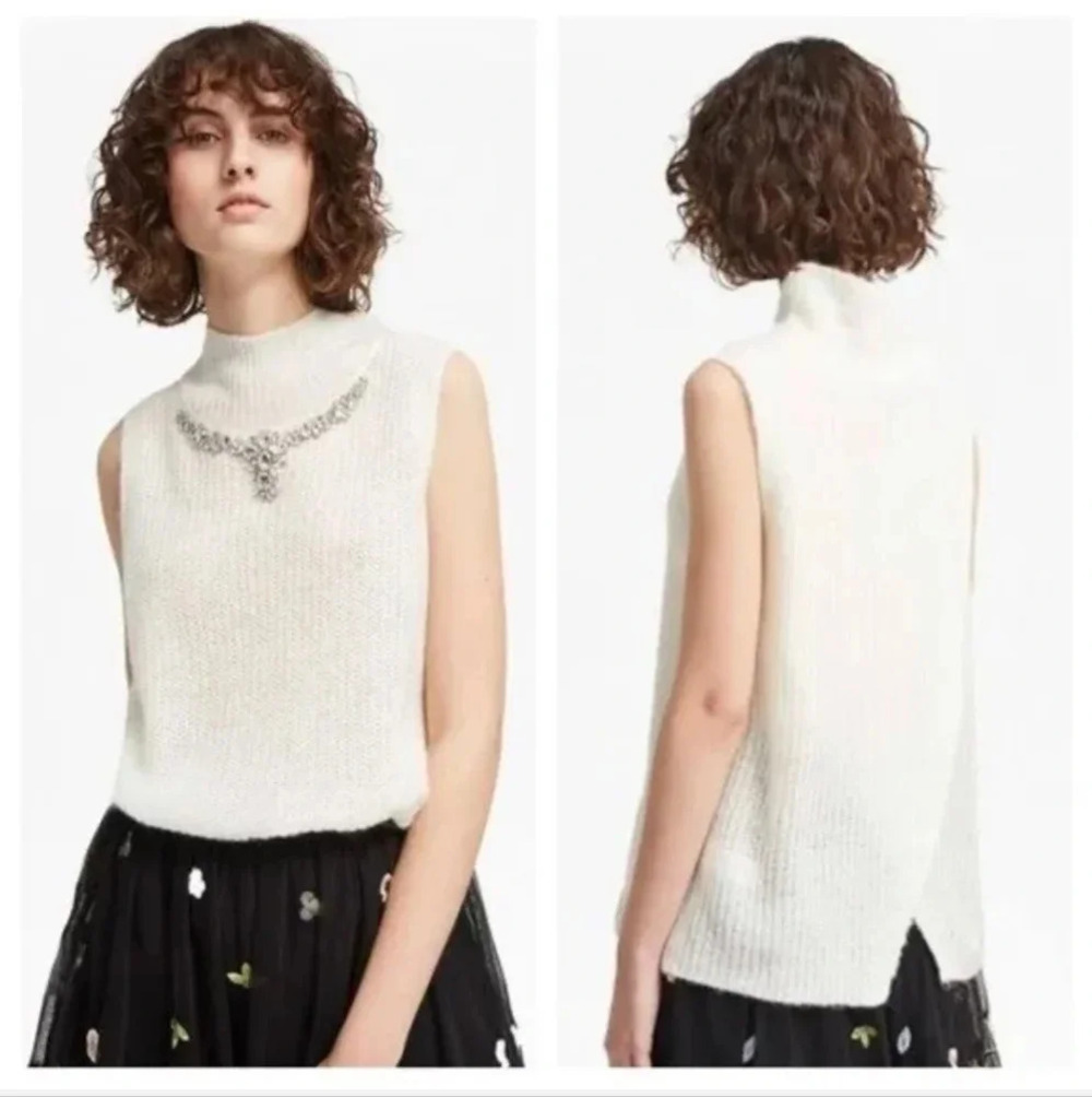 French Connection Mathilde Knit High Neck Sz S Ivory Jeweled Sweater
